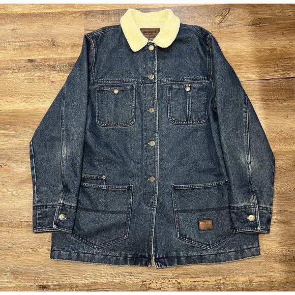 VTG Ralph Lauren Denim Chore Coat Barn Faux Shearling Collar Blue Lined L - Picture 2 of 5